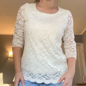 Christopher & Banks White Lace Blouse with Sheer Sleeves